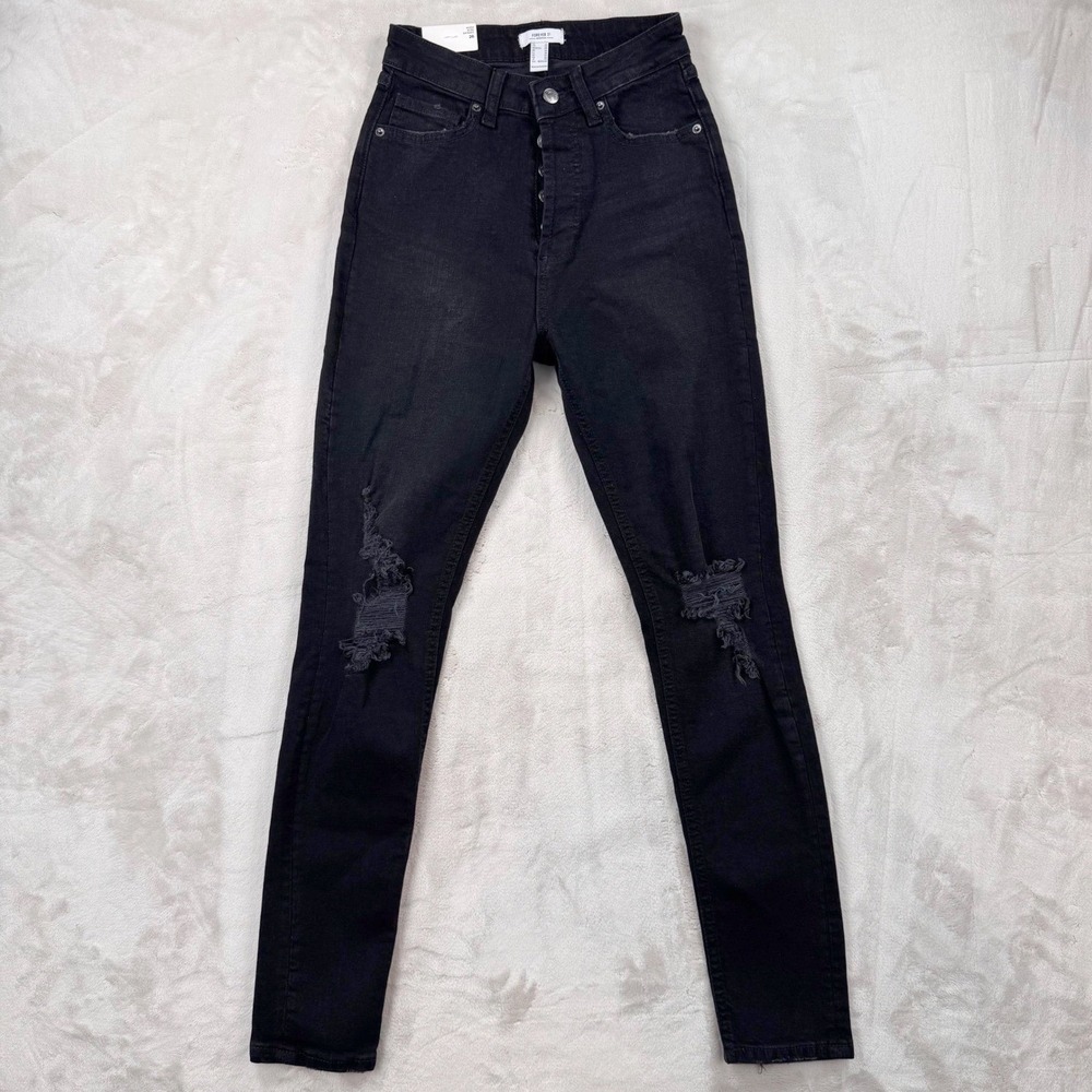 Forever 21 Premium High Rise Skinny Jeans Black Distressed Button Fly Size 26
